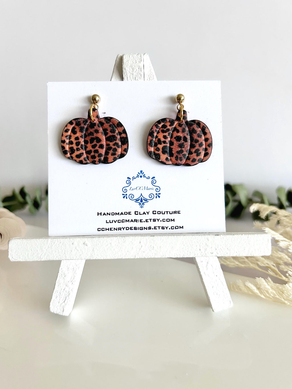 Leopard Print Pumpkin Earrings, Fall Hoop Dangles, Lightweight Handmade Clay Jewelry