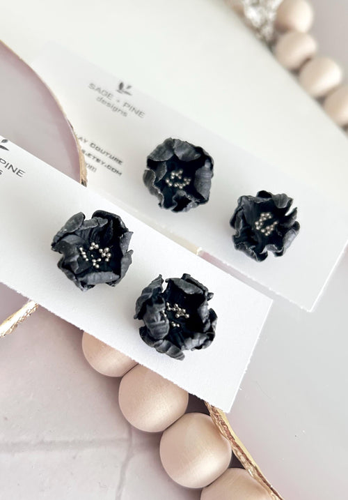 Black Flower Stud Earrings, Big Floral Post Studs, Unique Garden Jewelry Gift