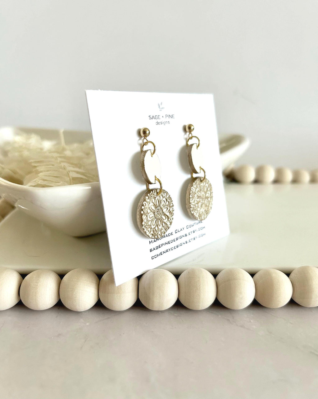 Clay Earrings, Navy Blue, Creamy Off White, Burgundy Dark Red, Gold Floral Mandala Dangles