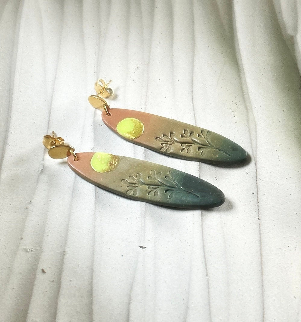 Surfboard Earrings, Orange and Green Moon Dangles, Embossed Clay Handmade Jewelry