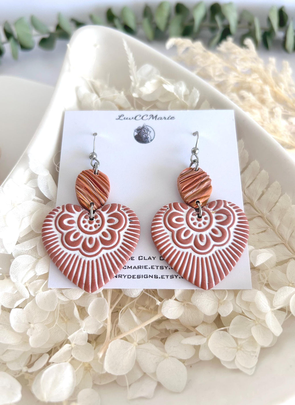 Heart Dangles, Folk Art Clay Earrings, Boho Terracotta Polymer Handmade Jewelry Gifts