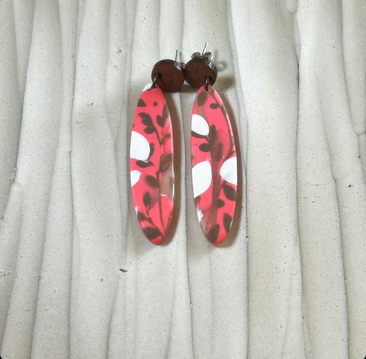 Coral Floral Clay Earrings: Boho Walnut Wood Dangles