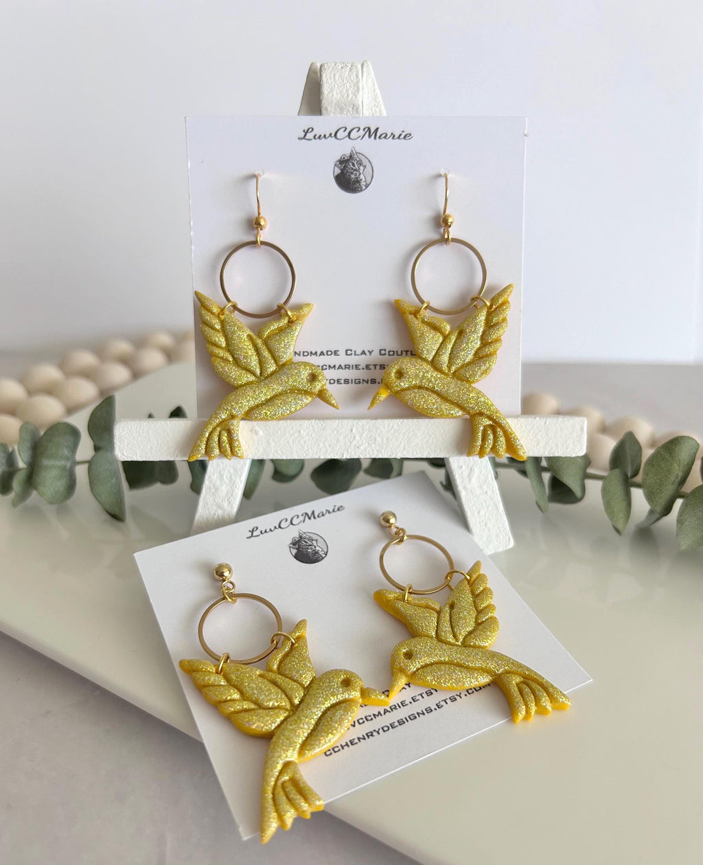 Hummingbird Earrings, Polymer Clay Bird Jewelry, Yellow Summer Garden Gift
