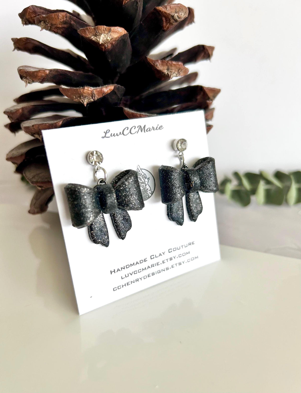 Glitter Bow Clay Earrings, Coquette Dangles, Handmade Holiday Jewelry