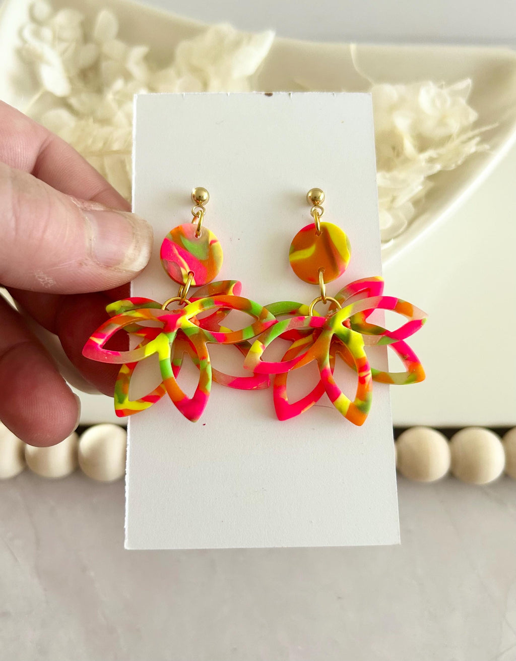 Neon Flower Clay Earrings, Fluorescent Rainbow Lotus Dangles, Geometric Floral Handmade Boho Jewelry Gift