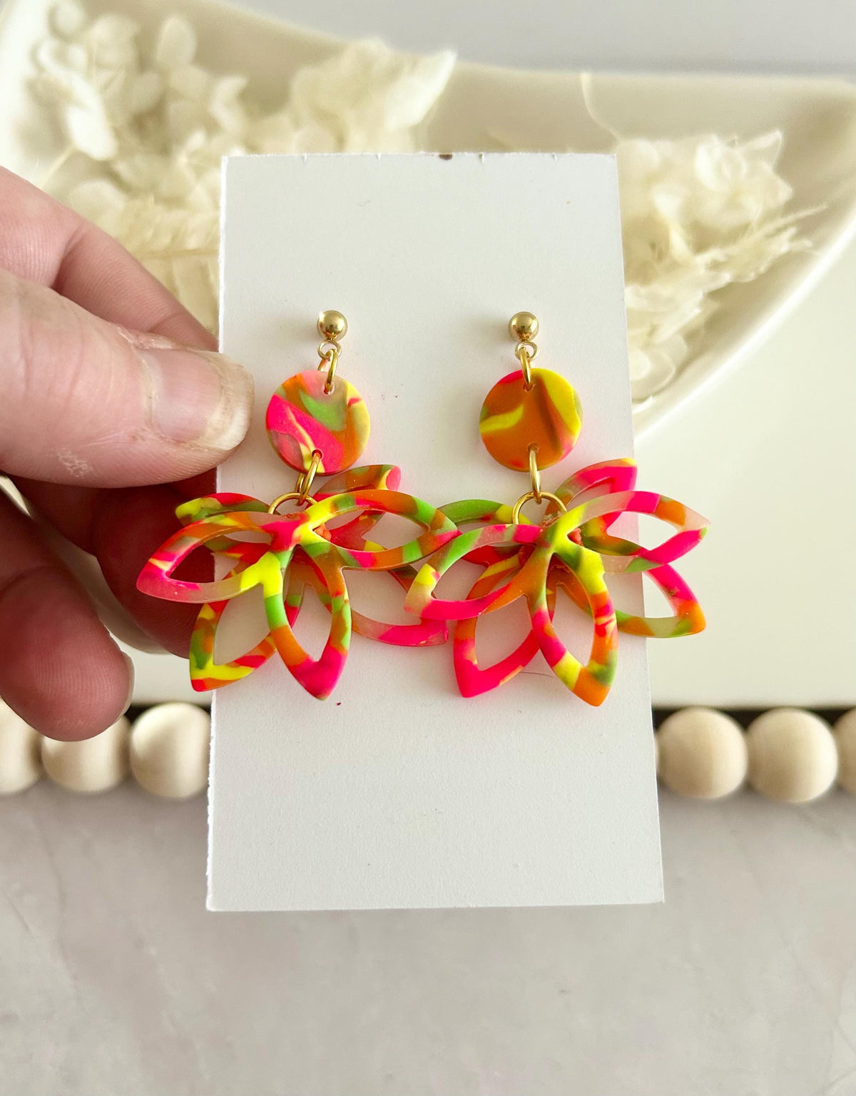 Neon Flower Clay Earrings, Fluorescent Rainbow Lotus Dangles, Geometric Floral Handmade Boho Jewelry Gift