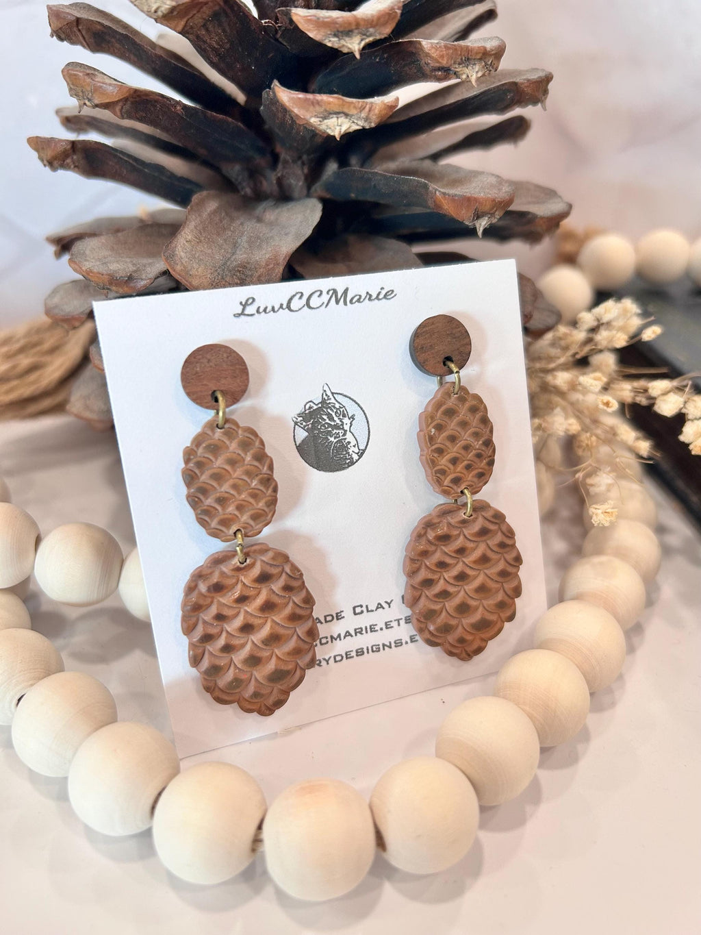 Handmade Pine Cone Statement Stud Dangle Earrings: Wood & Clay Fall Boho Jewelry