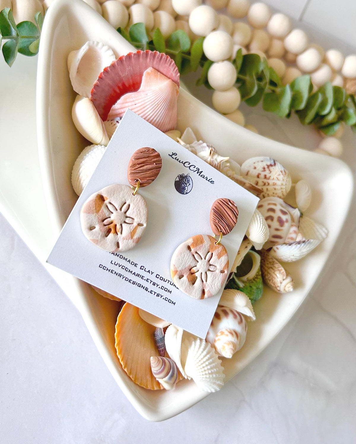 Sand Dollar Beach Earrings, Terracotta White Seashell Dangles, Handmade Clay Coastal Vacation Jewelry Gift