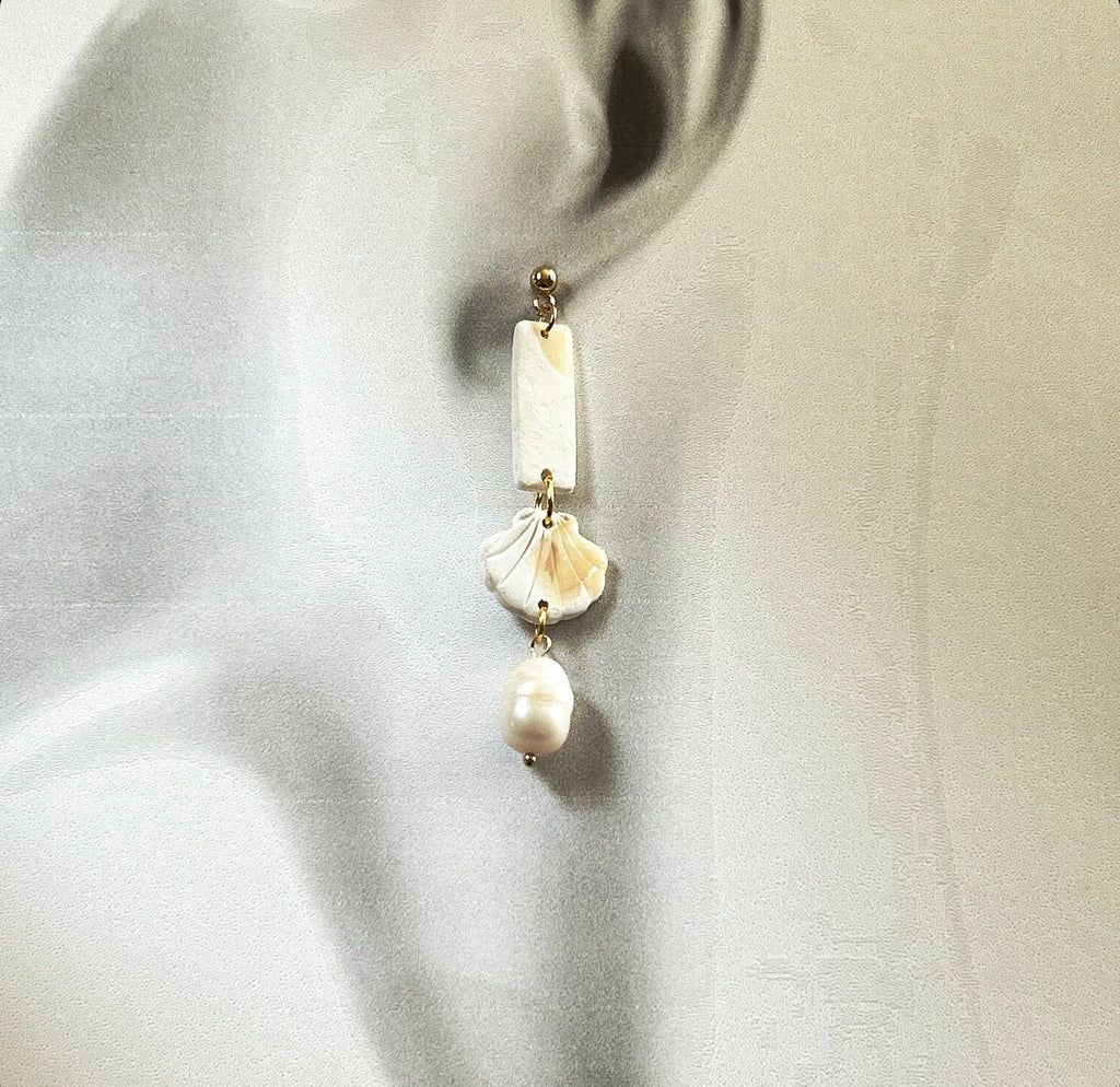 Seashell Earrings, Cream and White Clay Dangles, Coastal Beach Vacation Handmade Jewelry