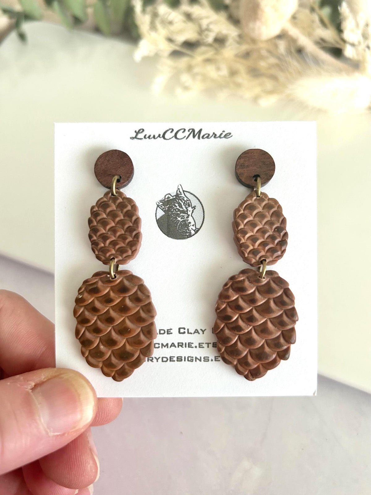 Handmade Pine Cone Statement Stud Dangle Earrings: Wood & Clay Fall Boho Jewelry