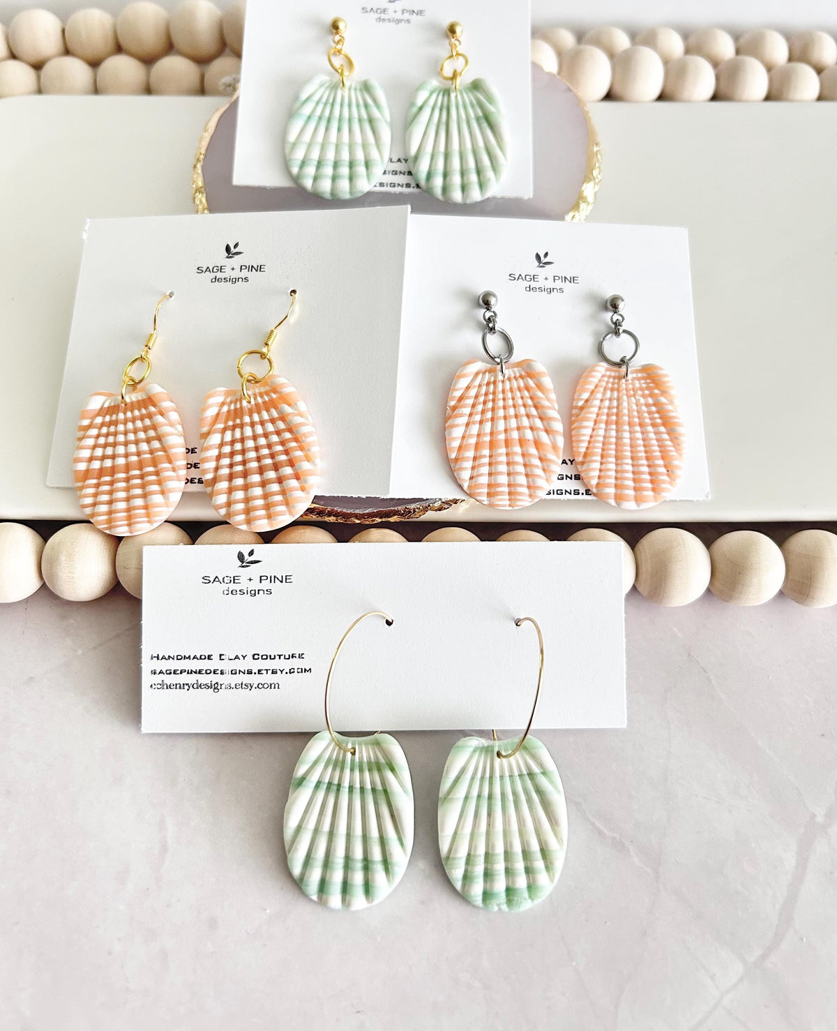 Mint Green Shell Earrings, Coral Peach and White Seashell Dangles, Coastal Vacation Dangles Beach Jewelry