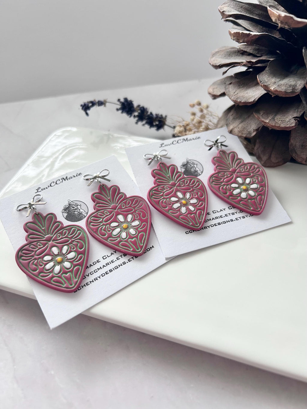 Mexican Strawberry Earrings, Hand Painted Daisy Flower Fuchsia Pink Heart Dangles, Handmade Jewelry Gift