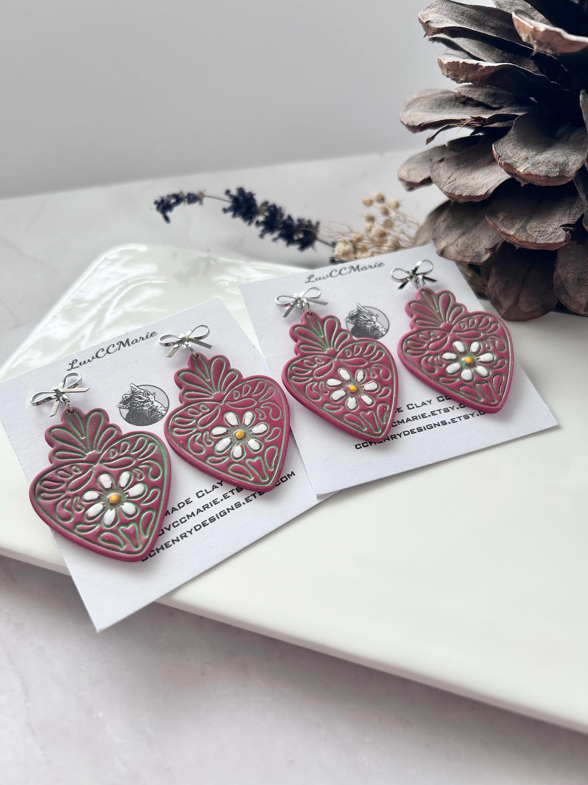 Mexican Strawberry Earrings, Hand Painted Daisy Flower Fuchsia Pink Heart Dangles, Handmade Jewelry Gift
