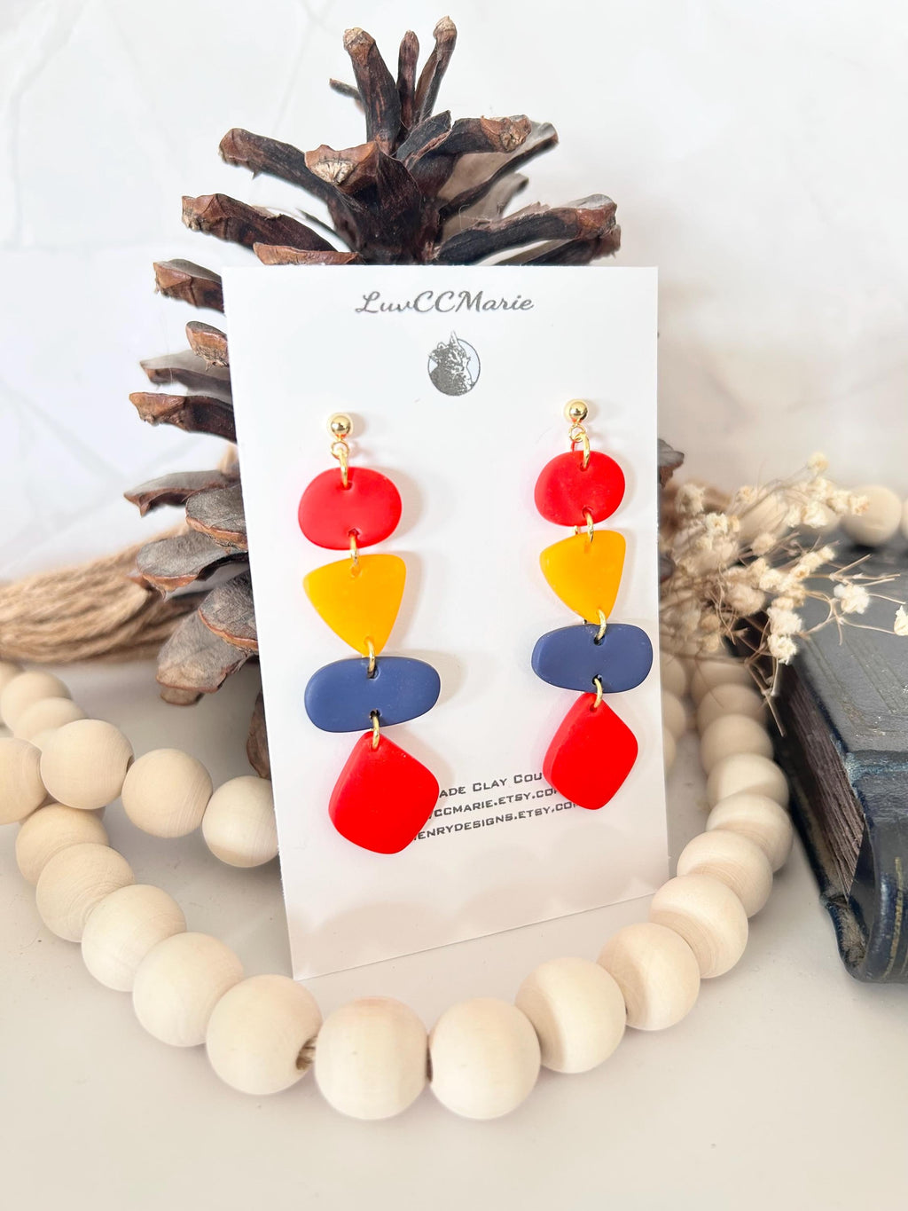 Multicolor Polymer Clay Geometric Earrings, Navy Orange Red, Handmade Fashion Jewelry Gift