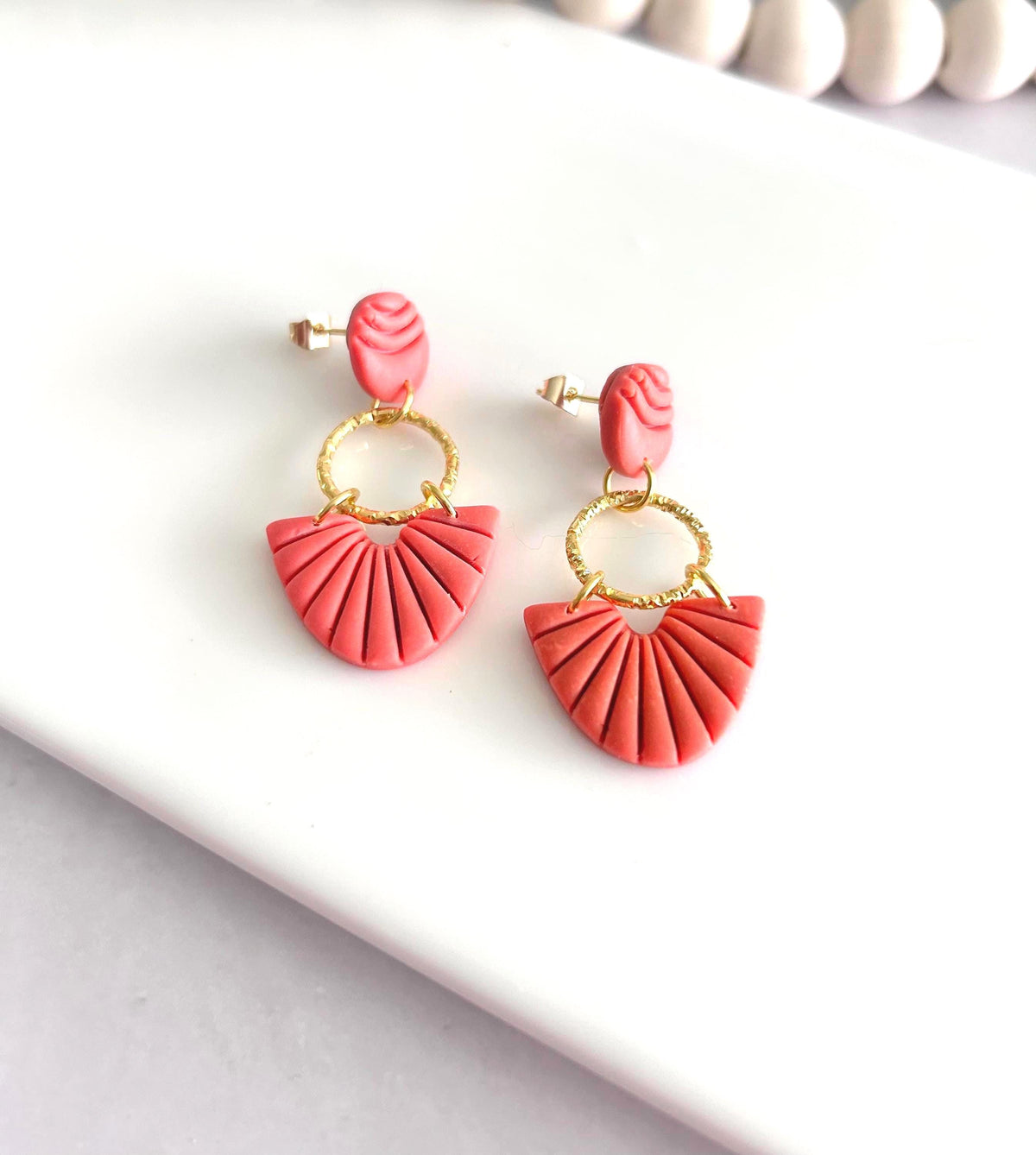Handmade Coral Clay Dangle Earrings, Gold Hoop, Greek Style Vacation Gift For Women