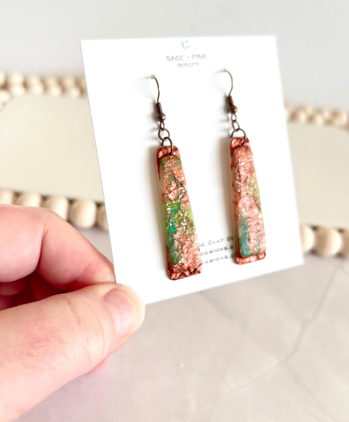 Copper Patina Clay Earrings, Abstract Hoop Drops, Green Statement Jewelry Gift