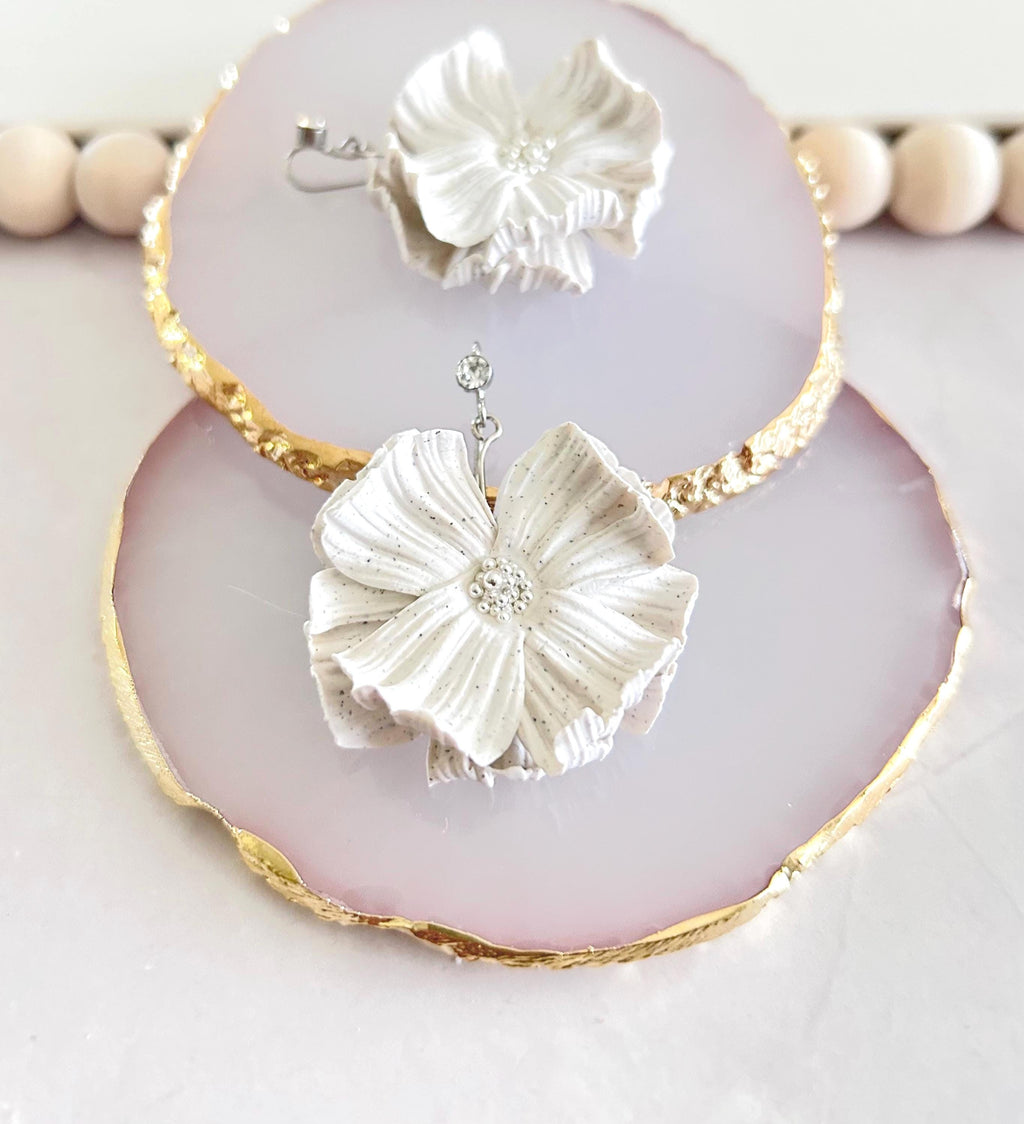 White Dangle Flower Earrings, Big Floral Drop Dangles, Silver Rhinestone Unique Statement Jewelry Gift