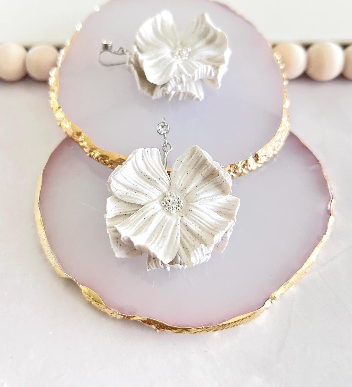 White Dangle Flower Earrings, Big Floral Drop Dangles, Silver Rhinestone Unique Statement Jewelry Gift