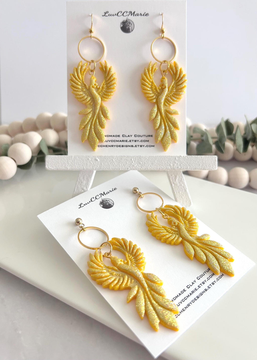 Iridescent Firebird Dangle Earrings, Handmade Clay Phoenix Dangles, Gold Glitter Statement Jewelry