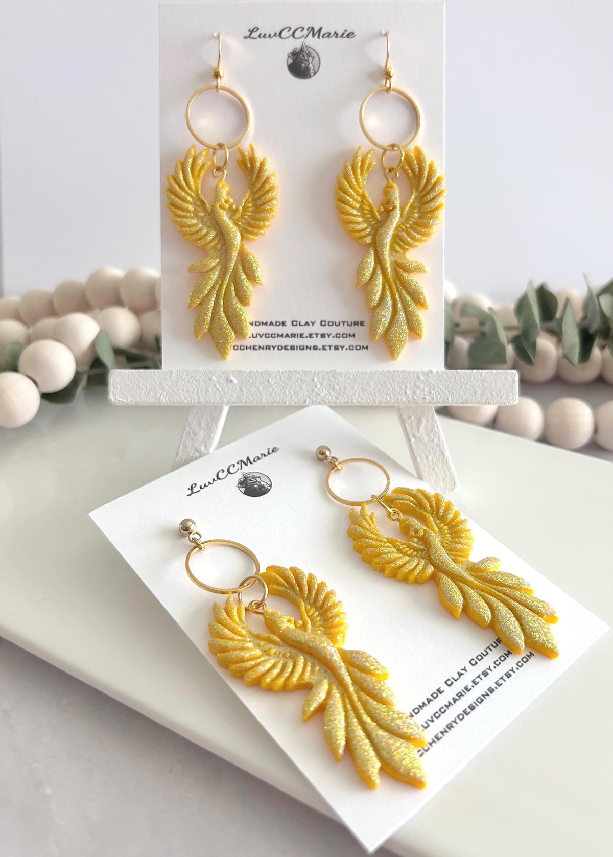 Iridescent Firebird Dangle Earrings, Handmade Clay Phoenix Dangles, Gold Glitter Statement Jewelry