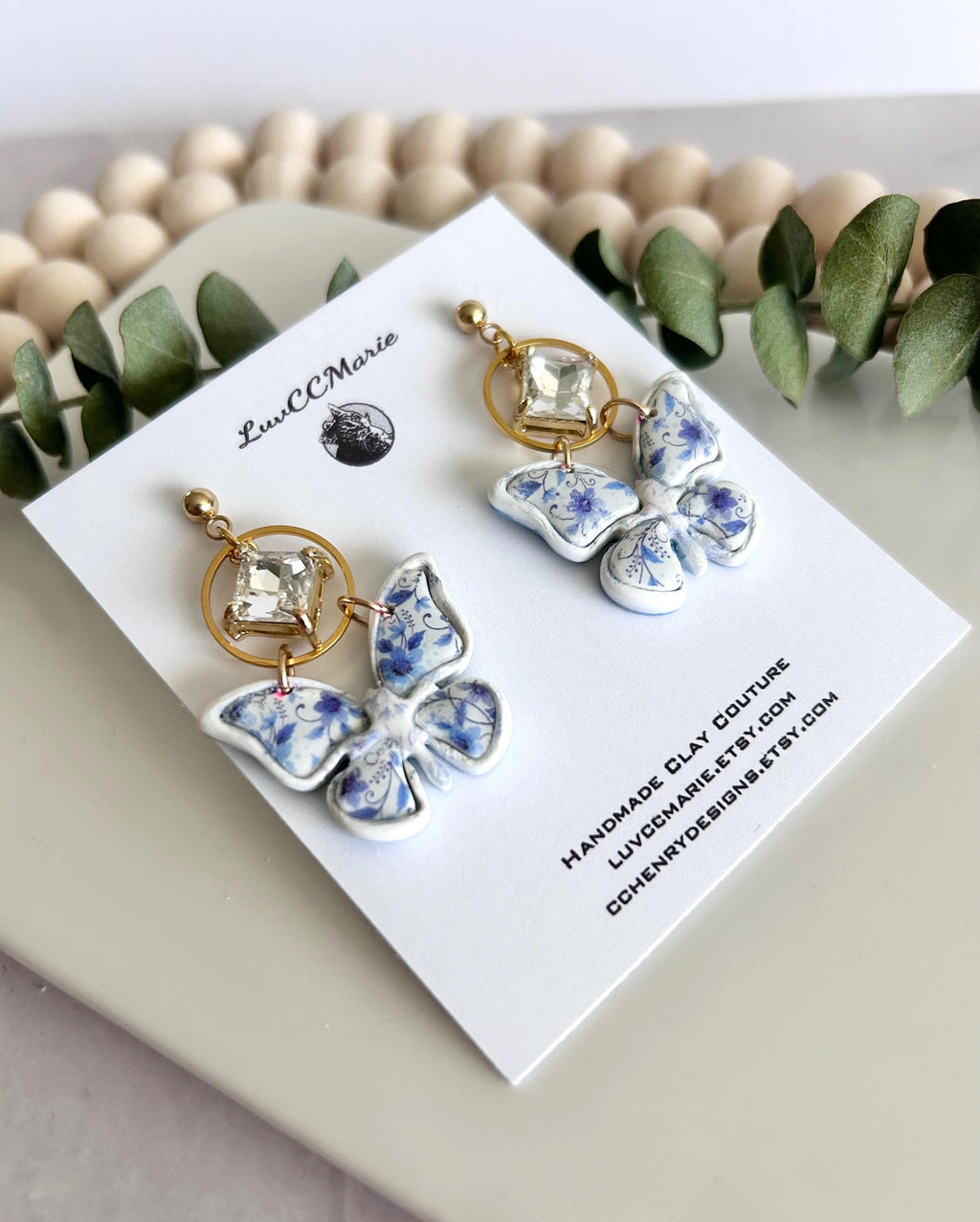 Blue Floral Butterfly Earrings, Chinoiserie Diamond Charm Dangles, Handmade Clay Boho Jewelry