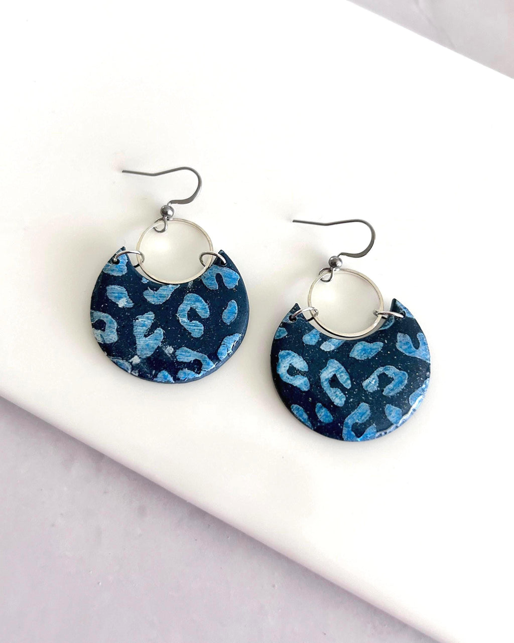 Navy Blue and Silver Leopard Print Clay Earrings, Crescent Moon Hoop Dangles