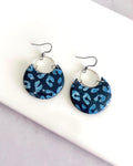 Navy Blue and Silver Leopard Print Clay Earrings, Crescent Moon Hoop Dangles