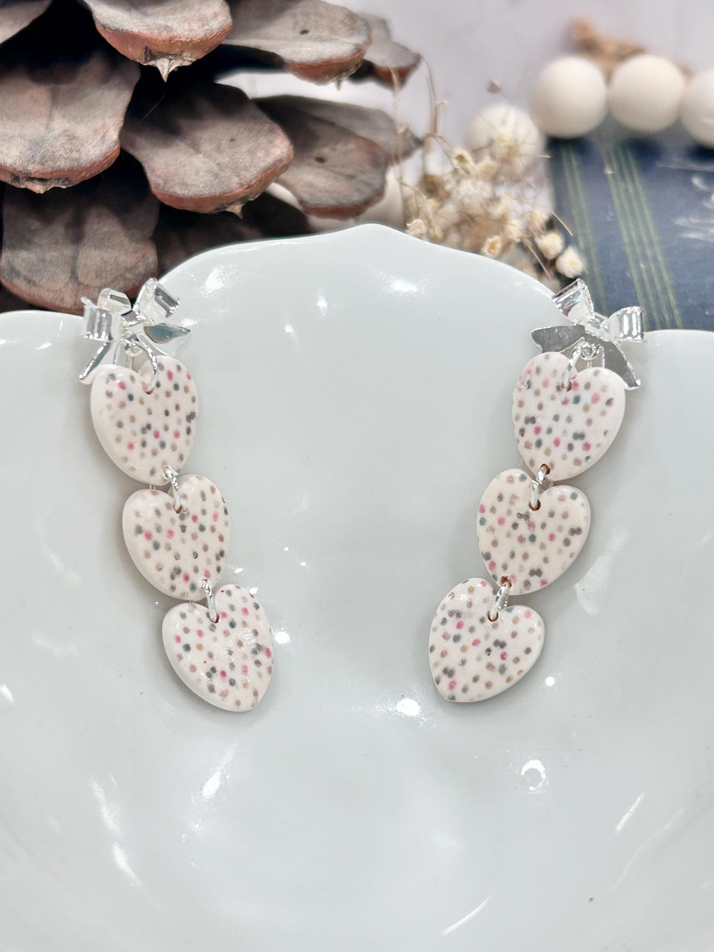 Handmade Clay Pastel Earrings, Rainbow Polka Dot Hearts, Long White Drop Dangles, Jewelry Gift