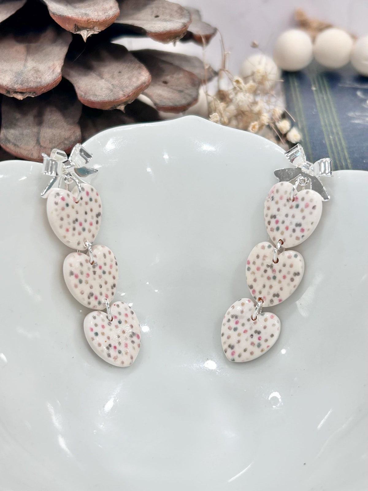 Handmade Clay Pastel Earrings, Rainbow Polka Dot Hearts, Long White Drop Dangles, Jewelry Gift