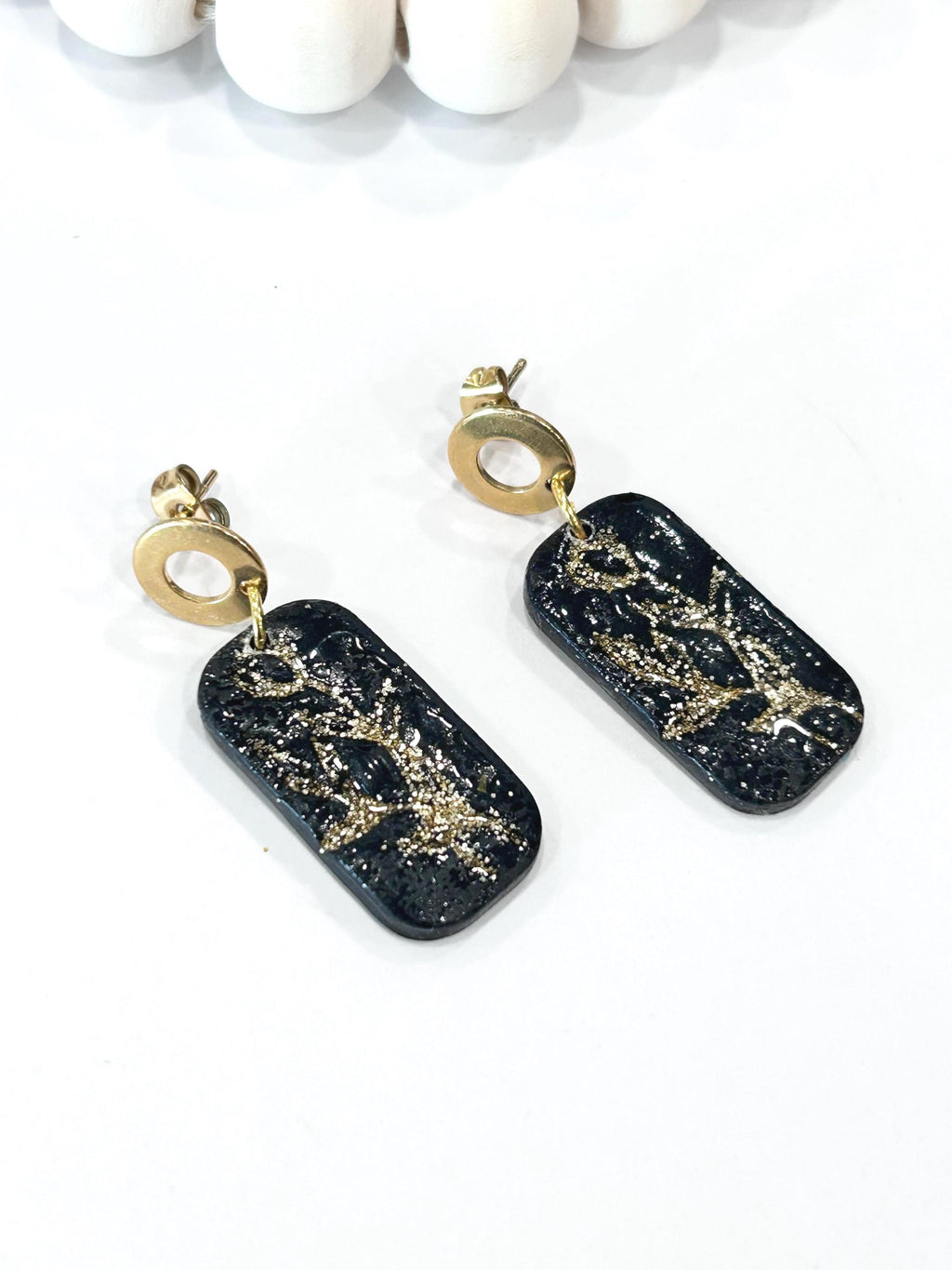Handmade Black and Gold Tulip Earrings, Drop Dangles, Clay Jewelry
