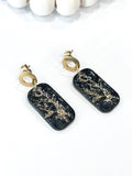 Handmade Black and Gold Tulip Earrings, Drop Dangles, Clay Jewelry