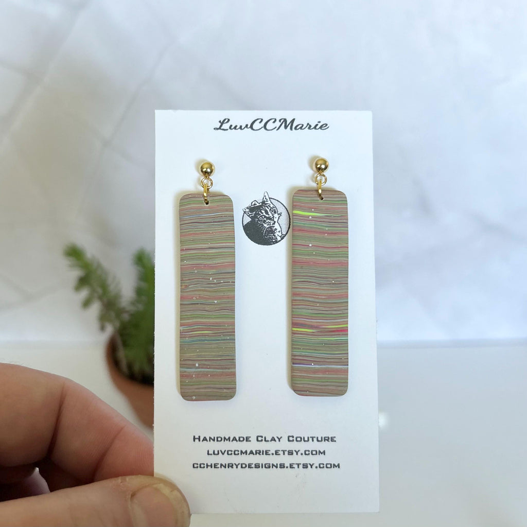 Multicolor Long Dangle Earrings, Rainbow Striped Modern Drop Bar Dangles, Colorful Handmade Clay Everyday Jewelry