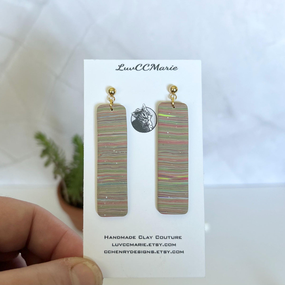Multicolor Long Dangle Earrings, Rainbow Striped Modern Drop Bar Dangles, Colorful Handmade Clay Everyday Jewelry