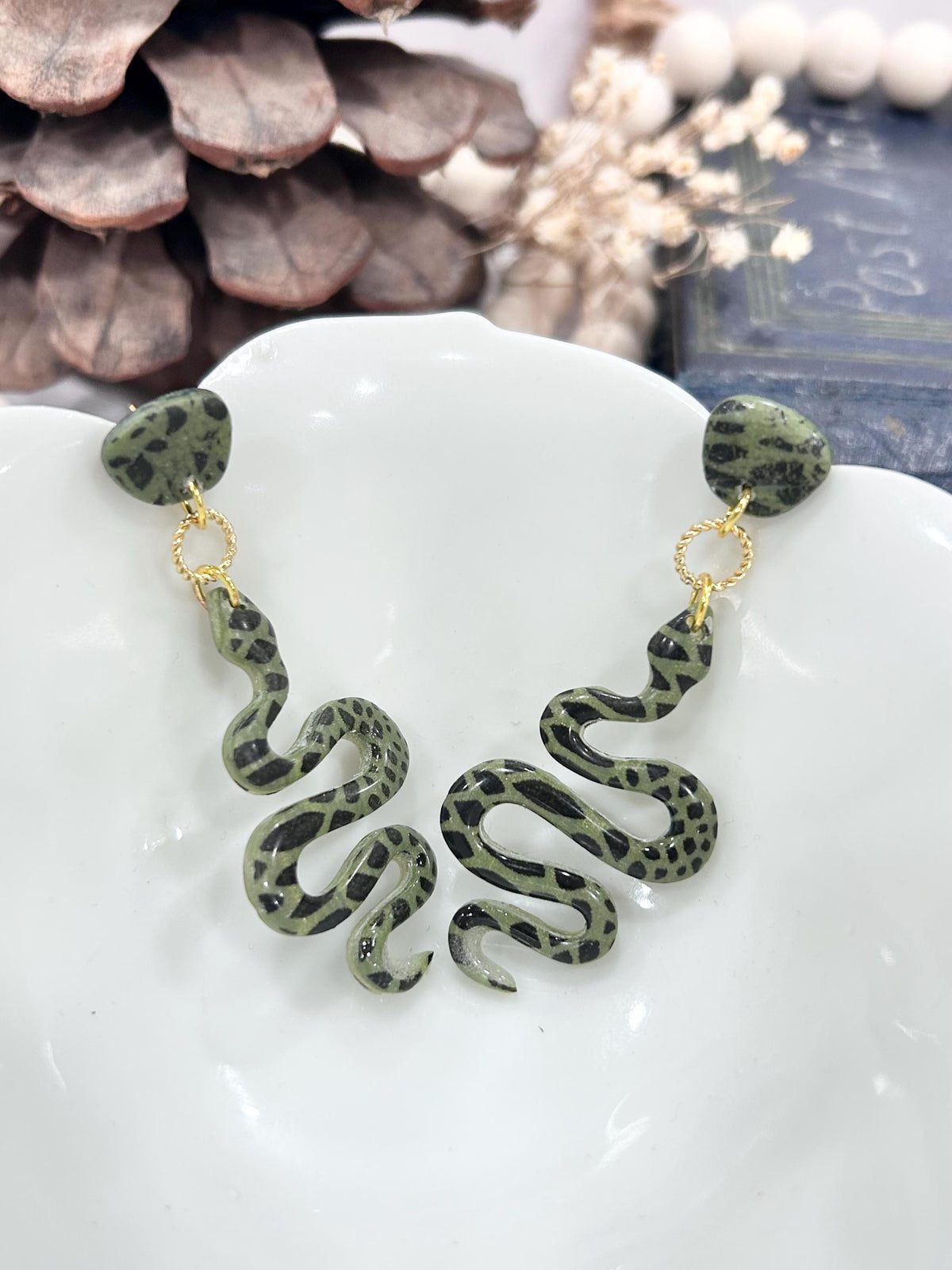 Handmade Polymer Clay Snake Earrings: Green & Black Boho Dangles