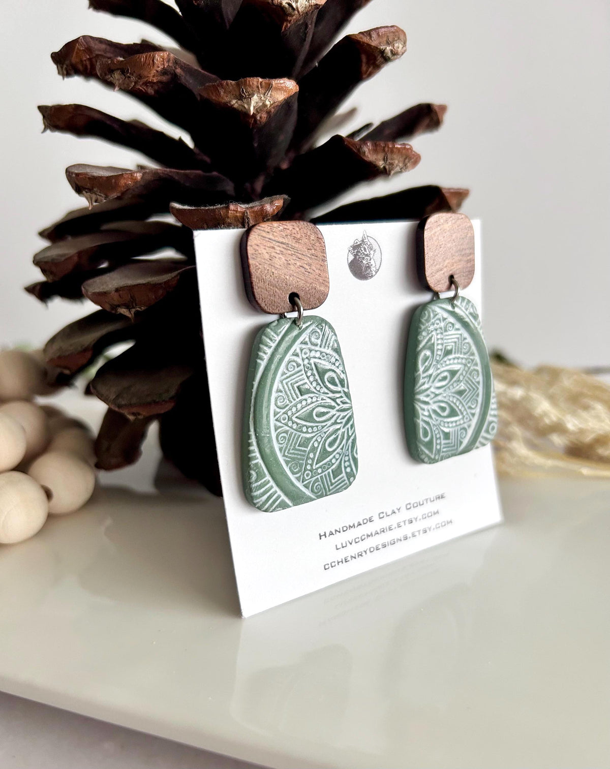 Sage and White Clay Earrings, Mandala Dangles, Floral Clay & Wood Boho Neutral Handmade Jewelry