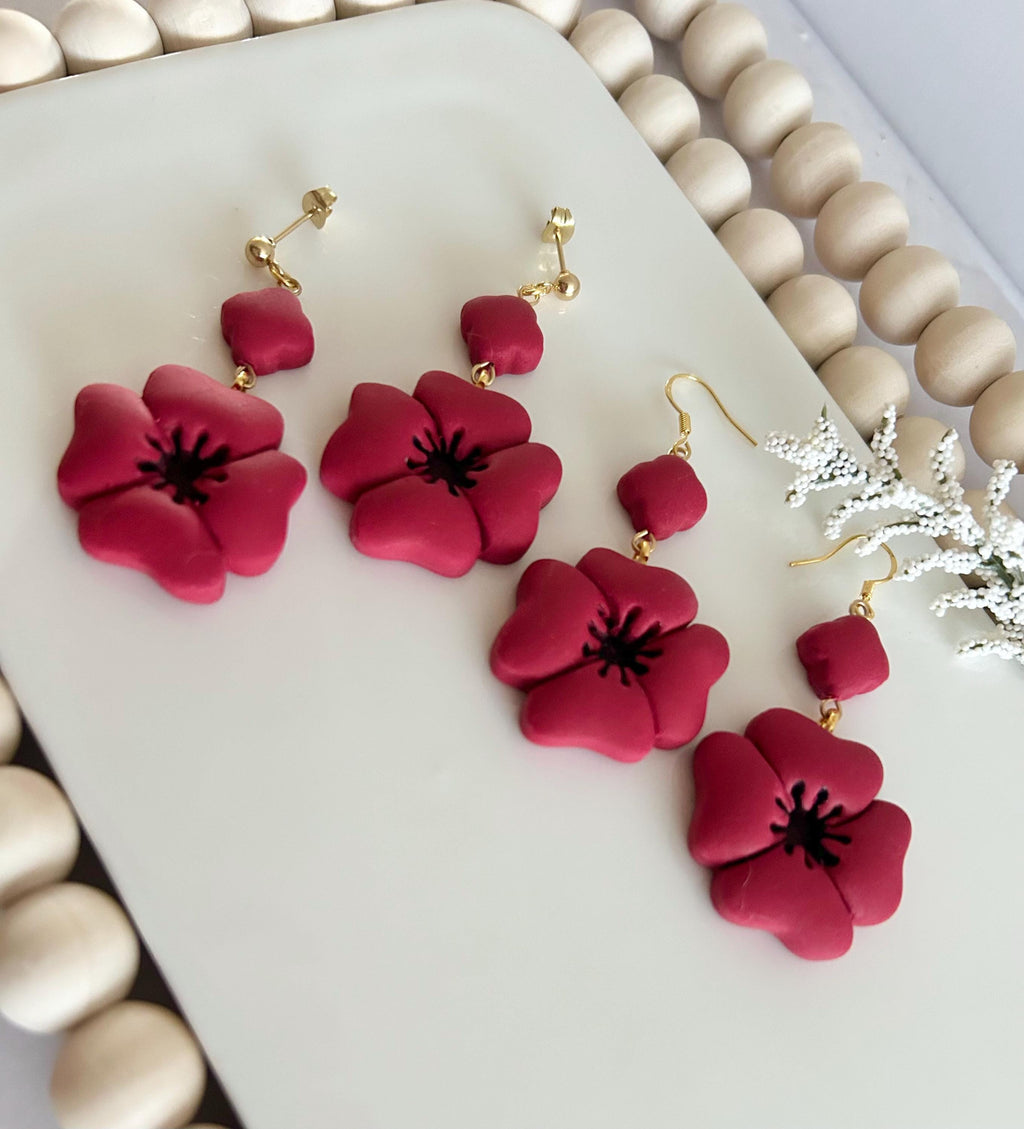 Dark Red Poppy Earrings, Polymer Clay Flora Dangles, Handmade Boho Jewelry Gift