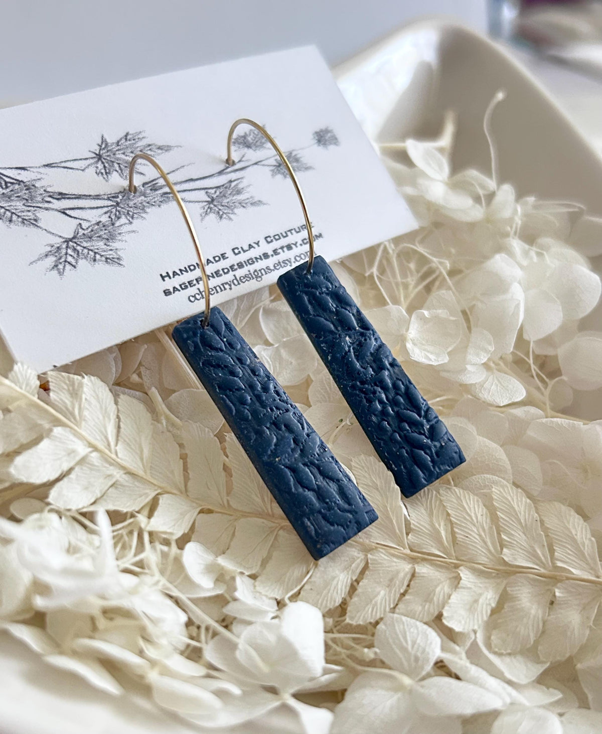 Gold & Burgundy Clay Earrings, Floral Vine Embossed Dangles, Handmade Fashion Boho Jewelry