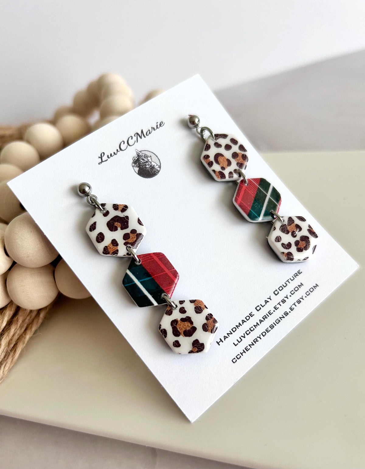 Cheetah Print Plaid Hexagon Daisy Chain Dangle Earrings: Handmade Boho Statement Clay Jewelry