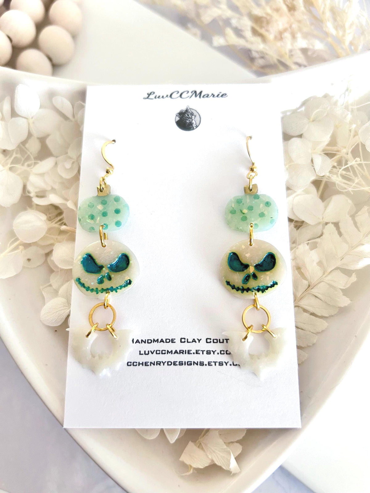 Mint Green Pumpkin Earrings, Skull Bat Long Dangles, Lightweight Hypoallergenic Clay Polka Dot