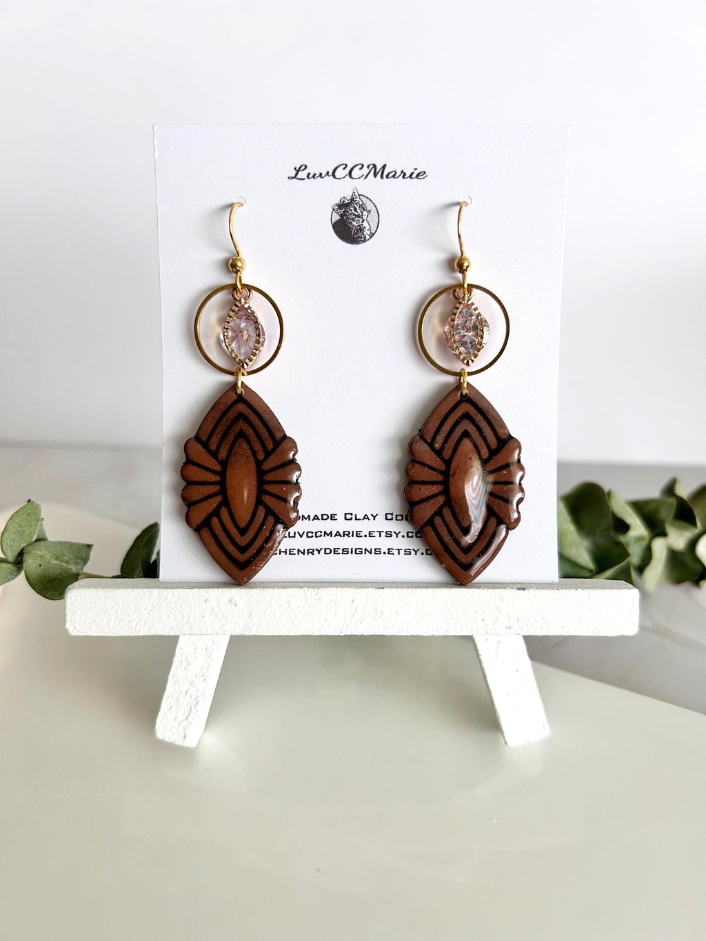 Dark Brown Clay Dangle Earrings: Gold Cubic Zirconia, Boho Wedding Jewelry
