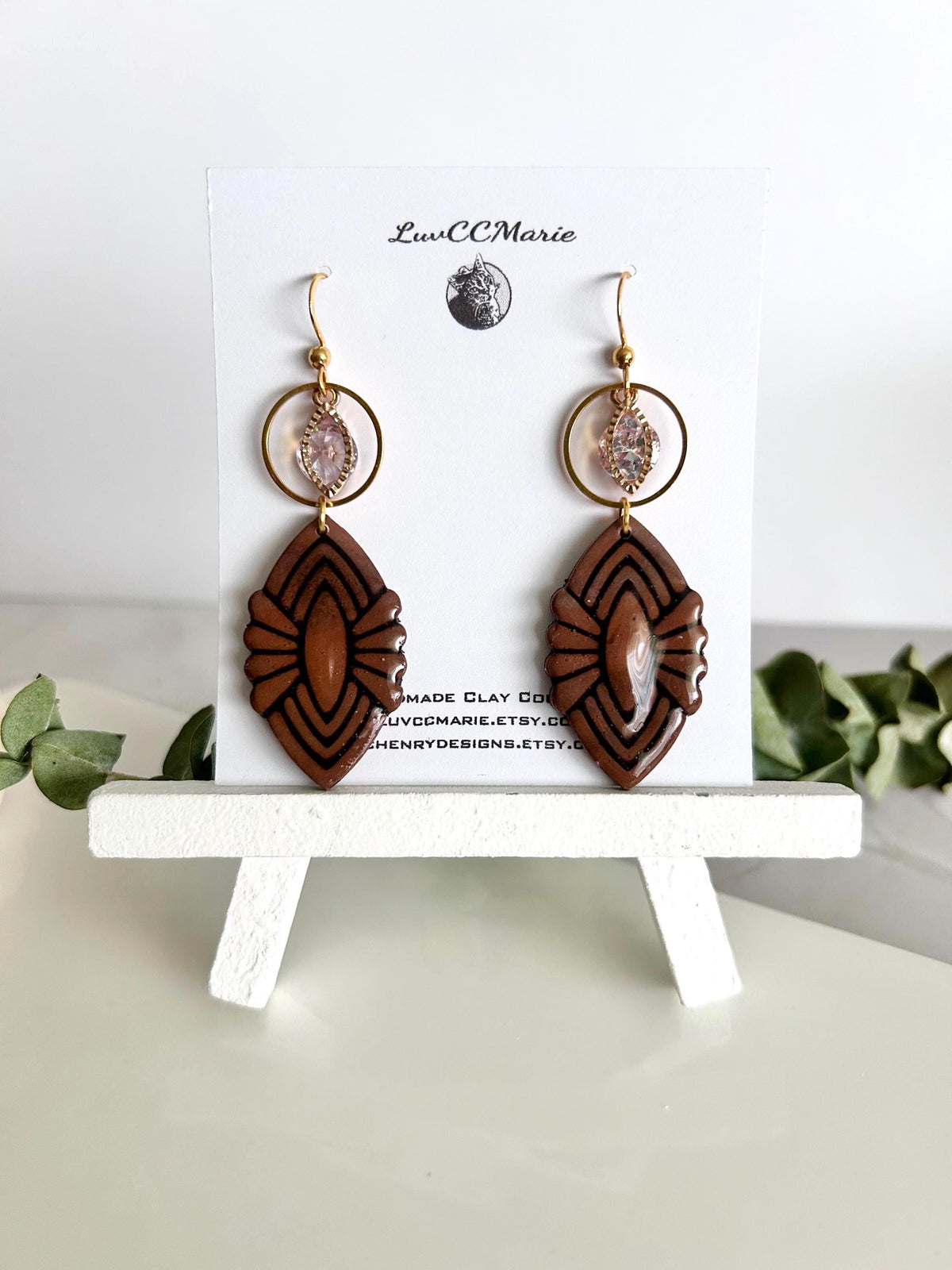 Dark Brown Clay Dangle Earrings: Gold Cubic Zirconia, Boho Wedding Jewelry