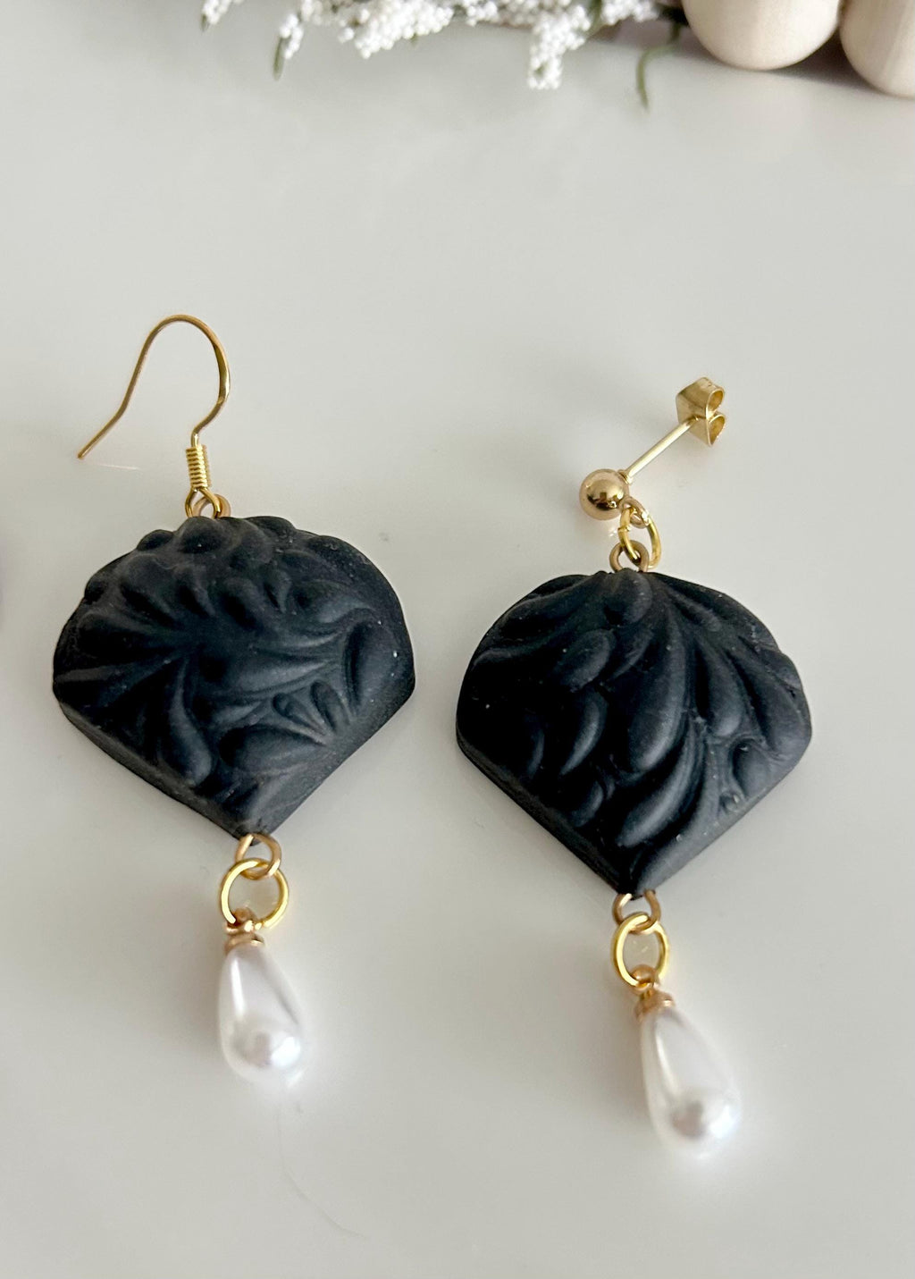 Dark Red or Matte Black Pearl Earrings, Clay and Gold Floral Jewelry Handmade Gift