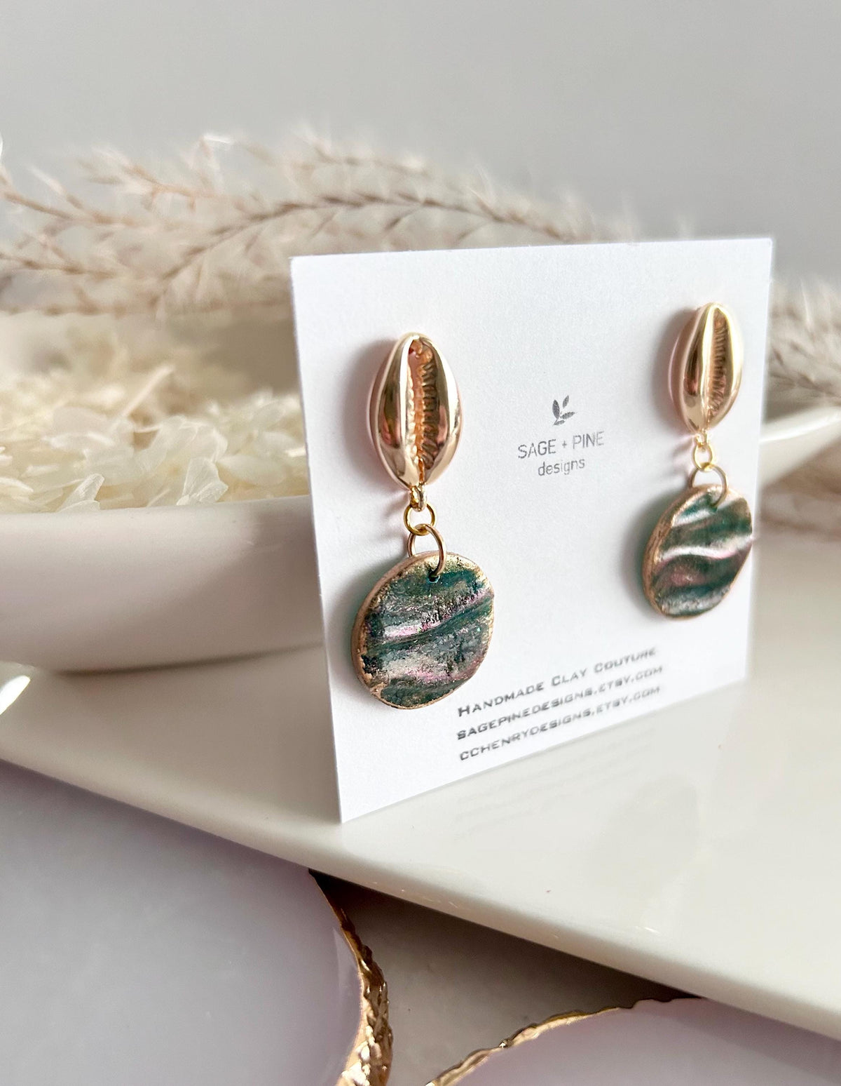 Seashell Cowrie Pearl Earrings, Coastal Vacation Faux Abalone Drop Dangles, Handmade Clay Jewelry