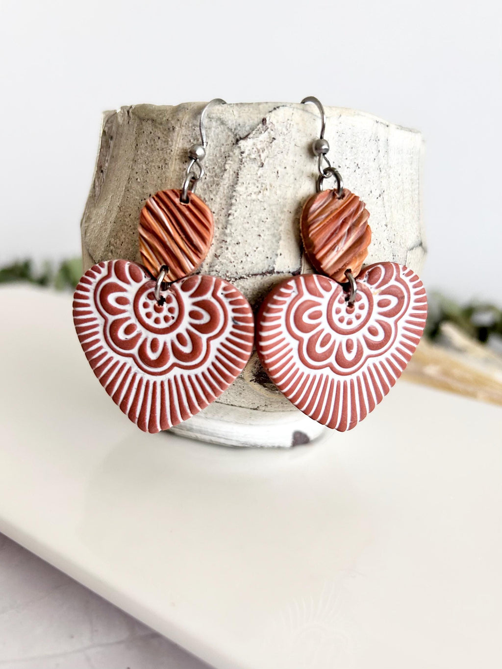 Heart Dangles, Folk Art Clay Earrings, Boho Terracotta Polymer Handmade Jewelry Gifts