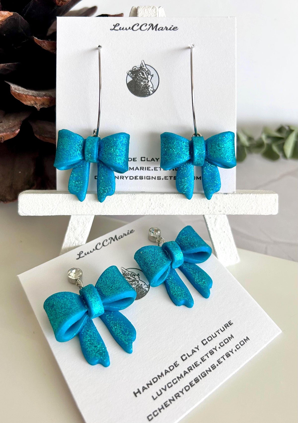 Glitter Bow Clay Earrings, Coquette Dangles, Handmade Holiday Jewelry