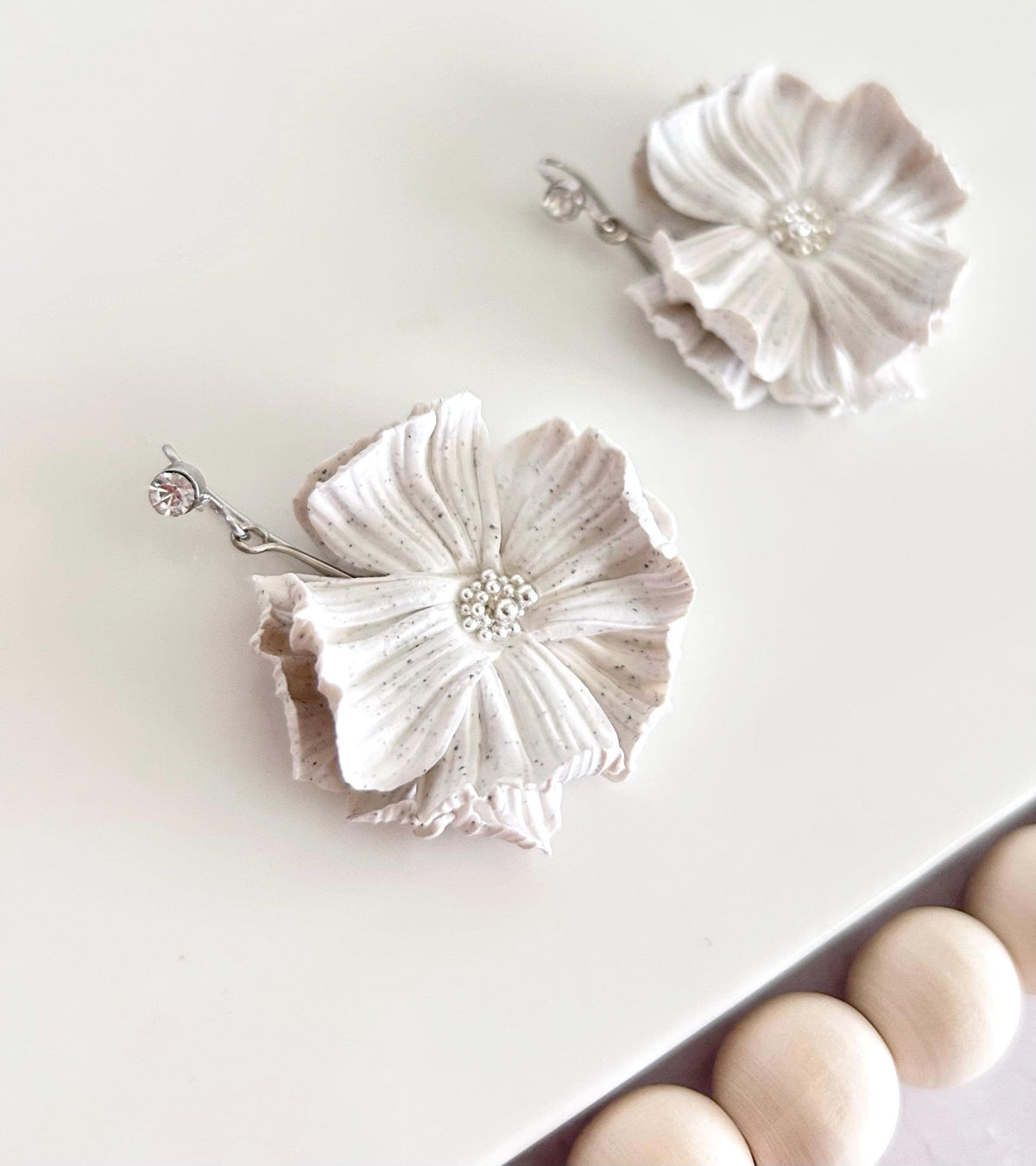 White Dangle Flower Earrings, Big Floral Drop Dangles, Silver Rhinestone Unique Statement Jewelry Gift