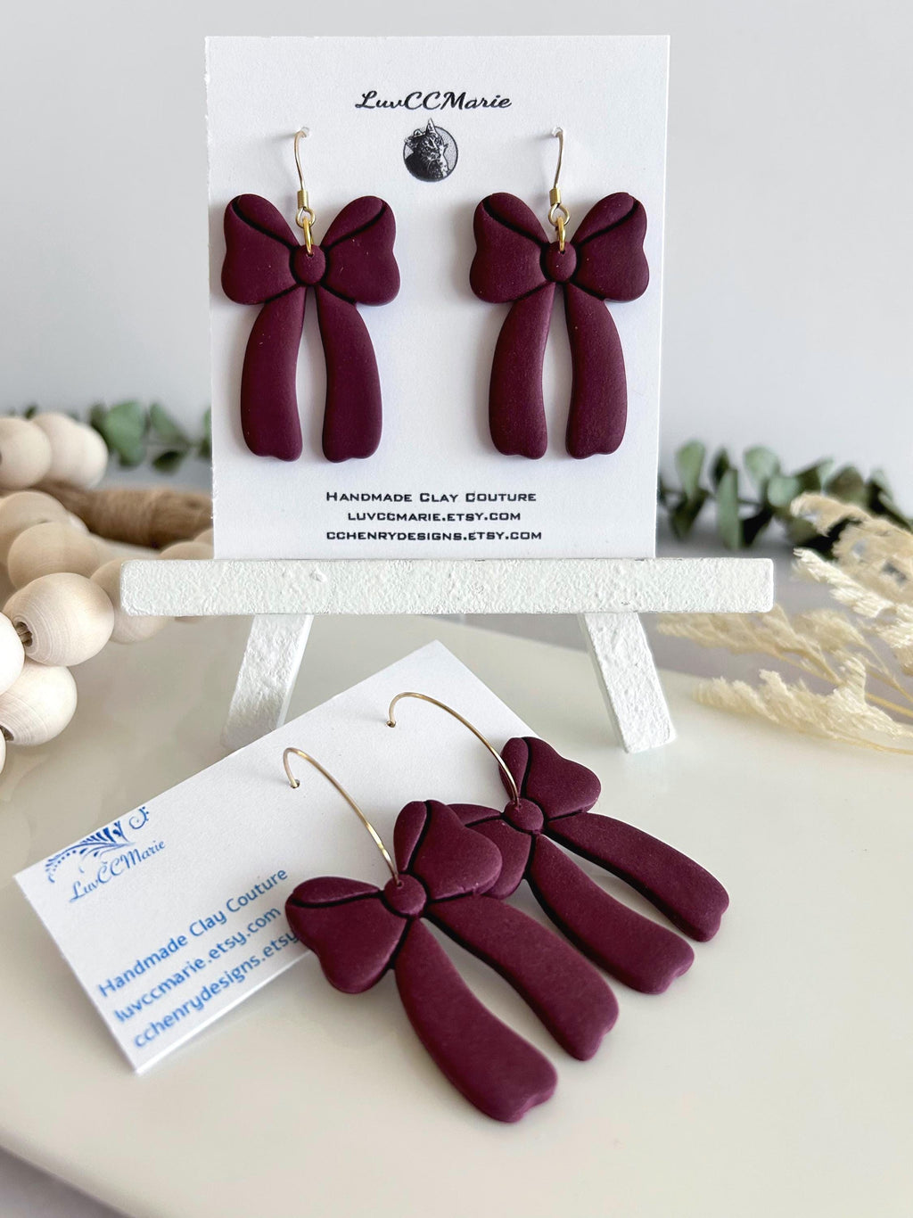 Dark Burgundy Bow Earrings, Fall Statement Hoop Dangles, Maroon Boho Clay Handmade Jewelry
