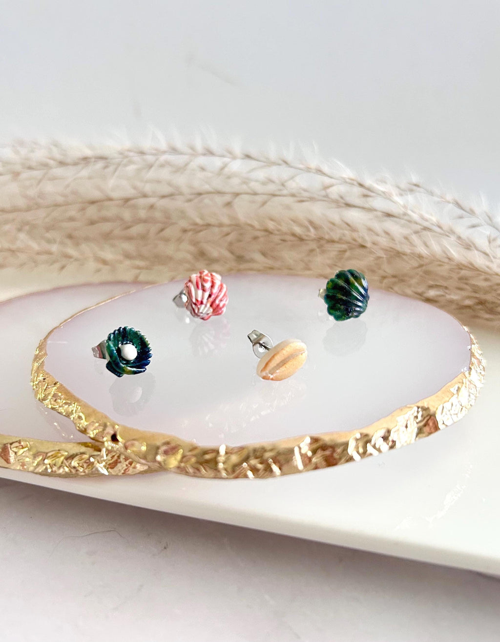 Cowrie Abalone Beach Studs, Coastal Shell Stud Set, Handmade Clay Summer Vacation Jewelry