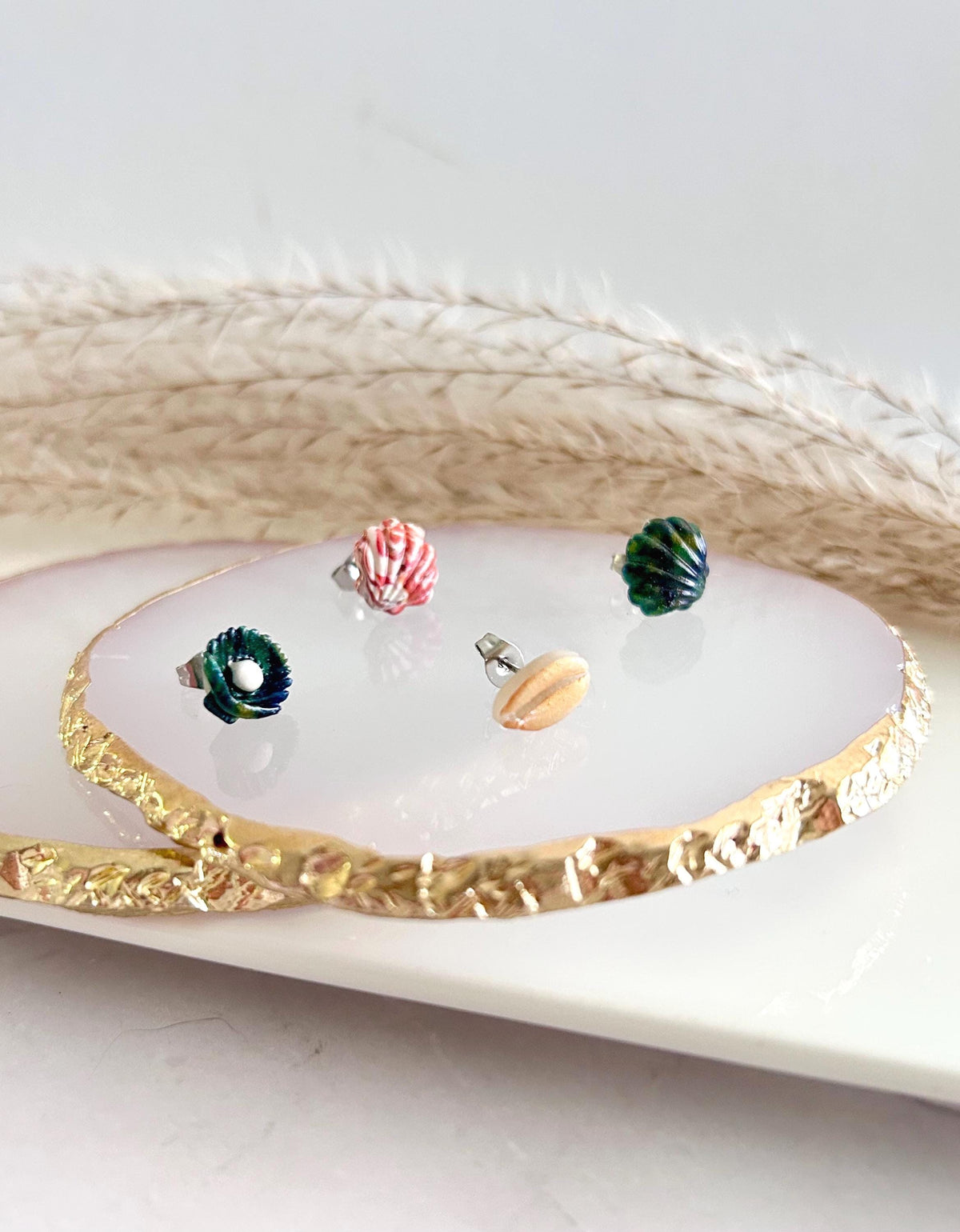 Cowrie Abalone Beach Studs, Coastal Shell Stud Set, Handmade Clay Summer Vacation Jewelry