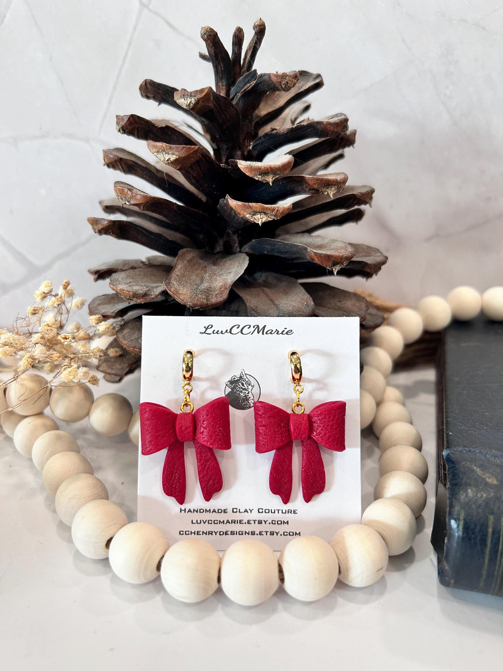 Red Clay Bow Knot Holiday Earrings, Hypoallergenic Dangles